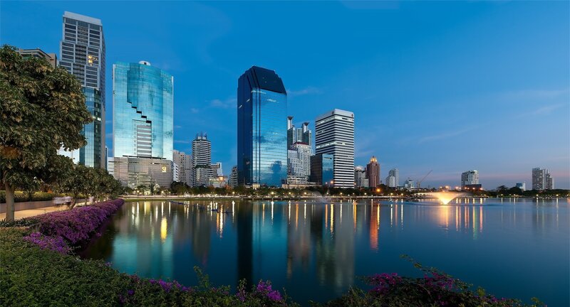 Modern Skyscrapers at Dusk — Blue, Serene, Sunset
