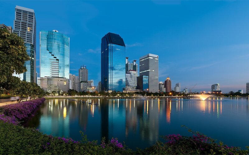 Modern Skyscrapers at Dusk — Blue