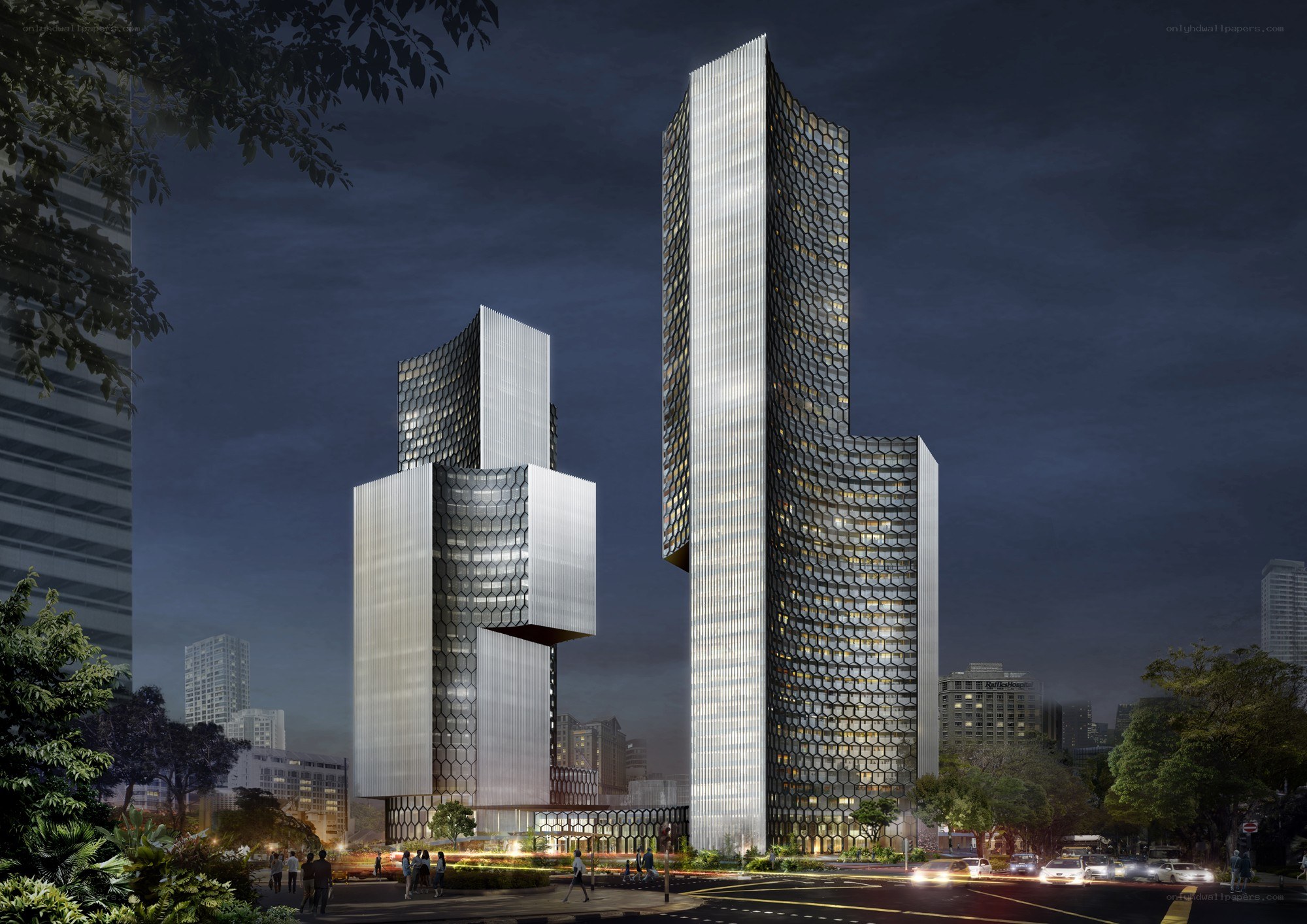 Modern skyscrapers at night