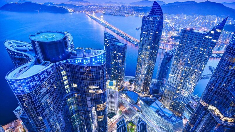 Modern Skyscrapers at Night — Blue, Dramatic, Photograph