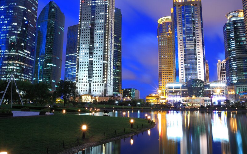 Modern Skyscrapers at Night — Blue, Serene