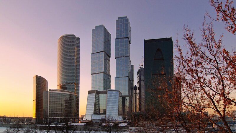 modern skyscrapers at sunset