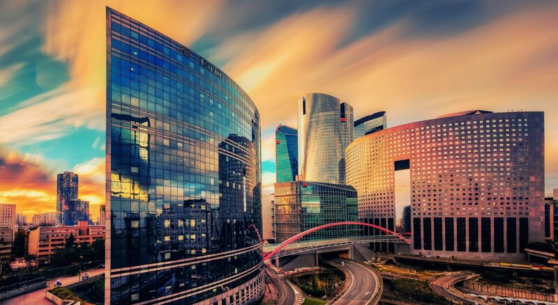 Modern Skyscrapers at Sunset — Blue, Dramatic