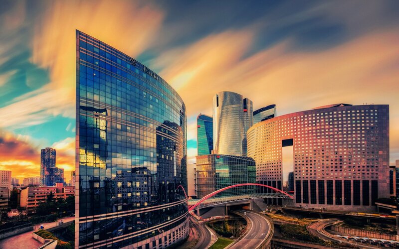 Modern Skyscrapers at Sunset — Blue