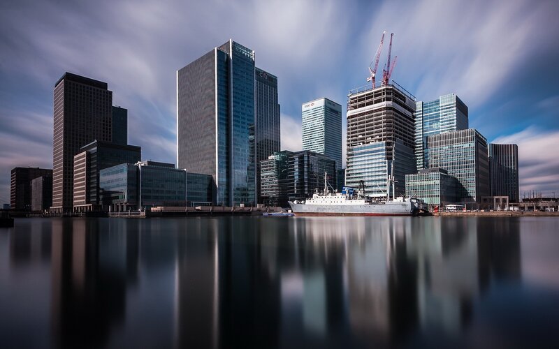 Modern Skyscrapers by Water — Blue