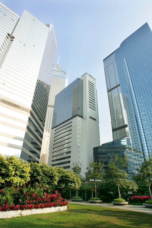 modern skyscrapers in a city park