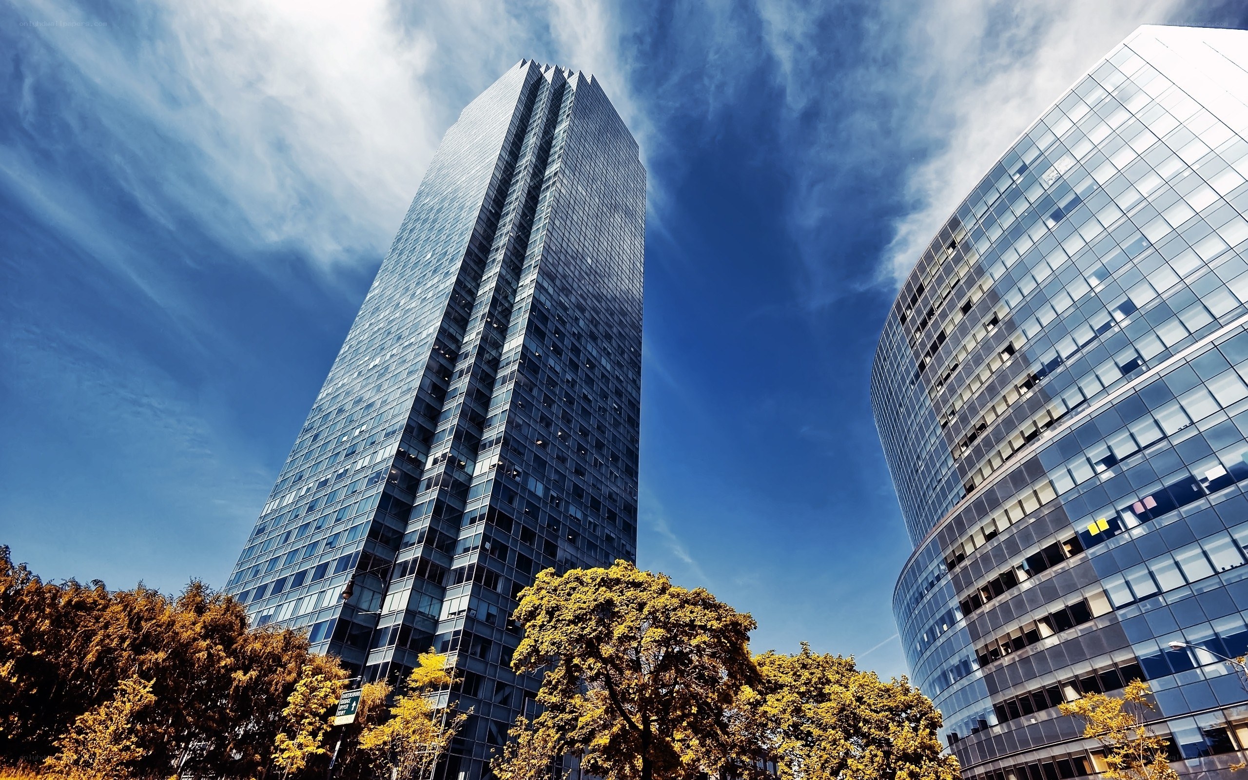 Modern skyscrapers under blue sky