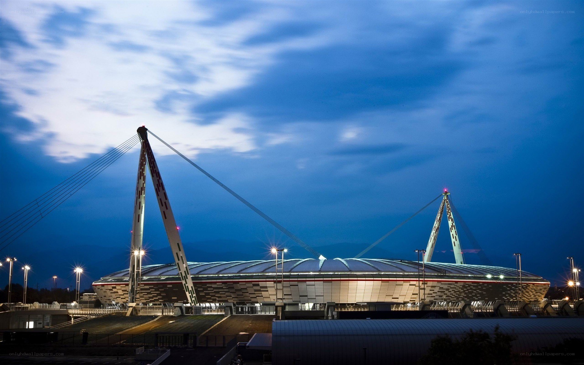 modern stadium at dusk