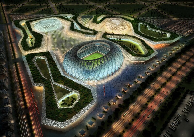 modern stadium complex at night