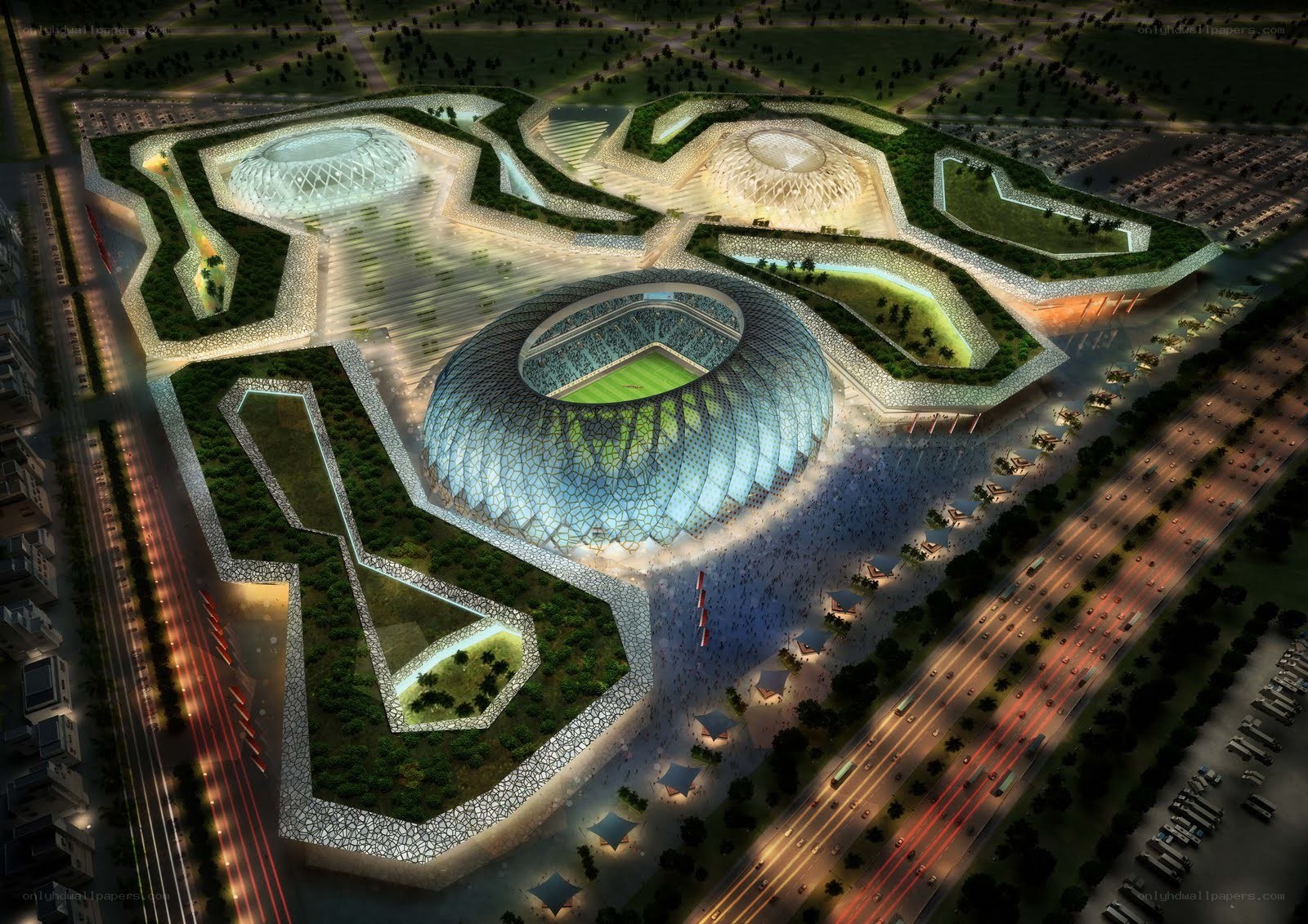 modern stadium complex at night