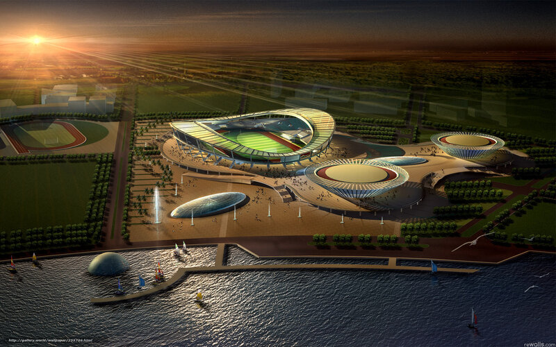 Modern stadium complex at sunset