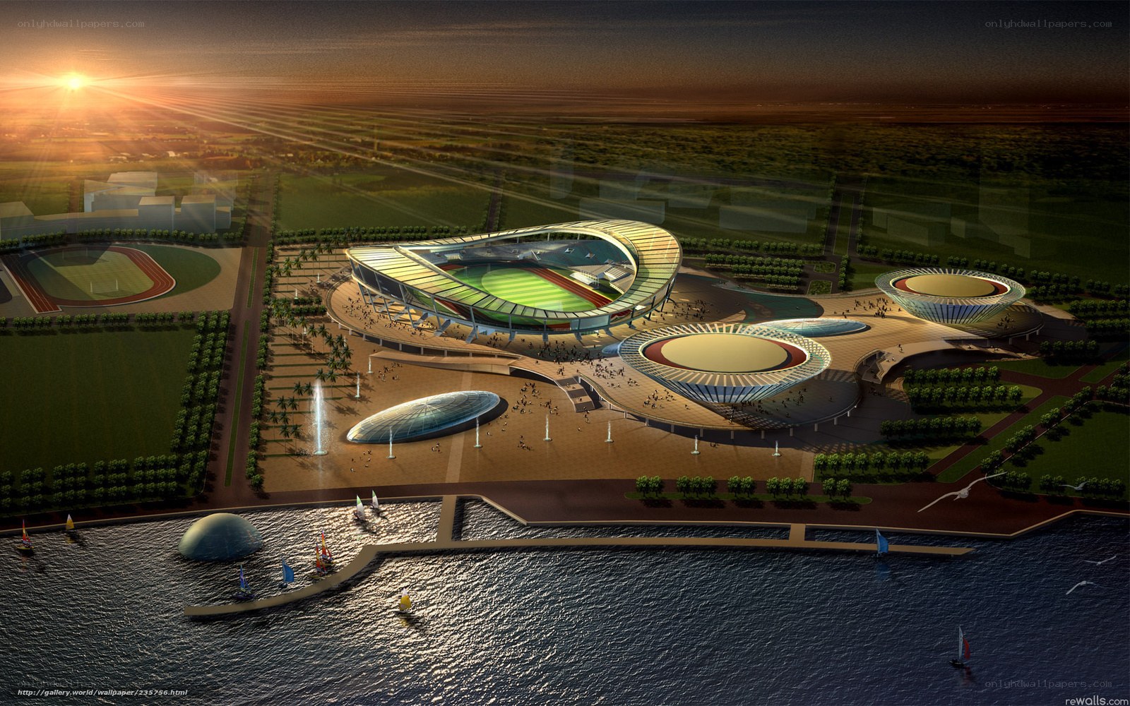 Modern stadium complex at sunset