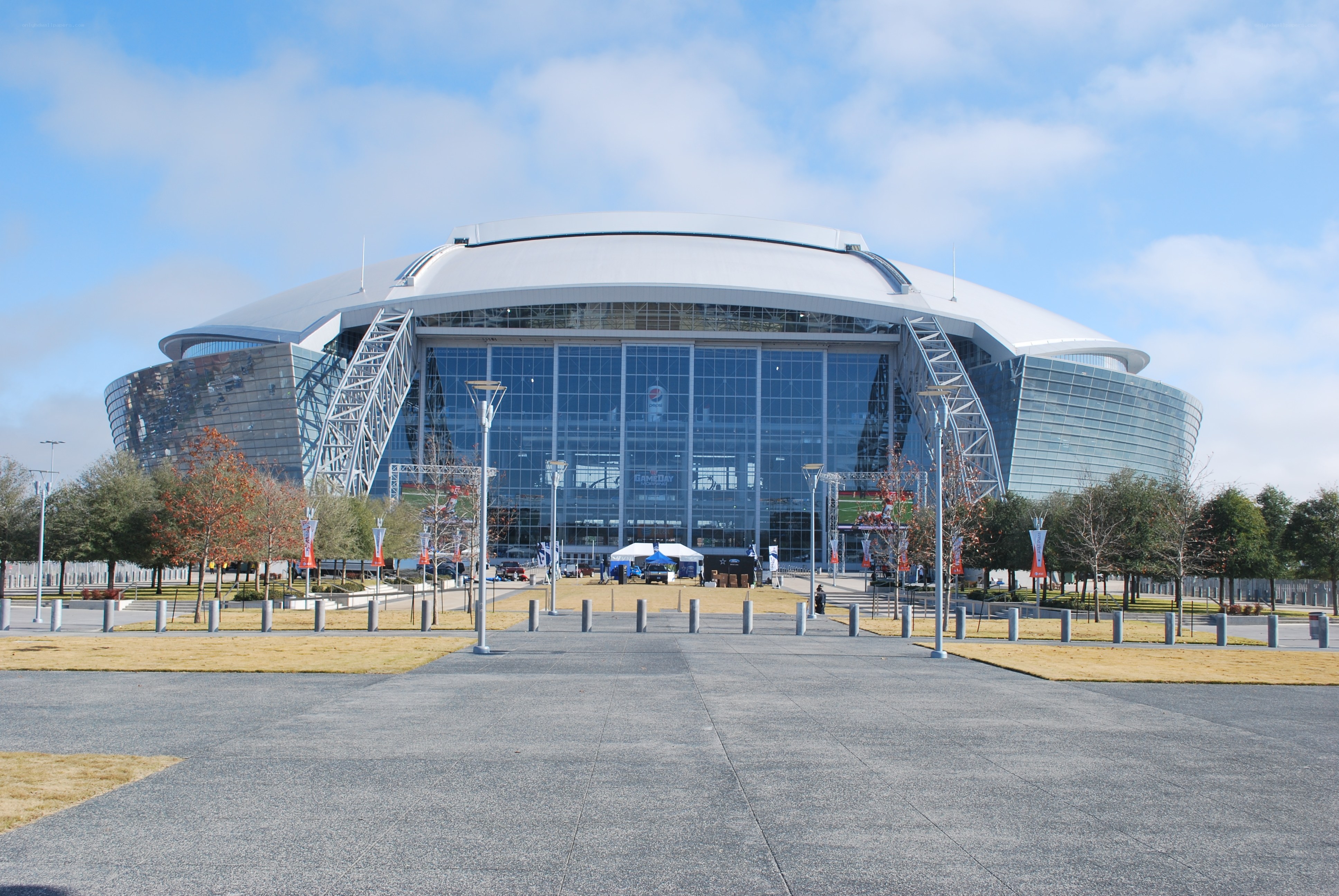 modern stadium with glass facade
