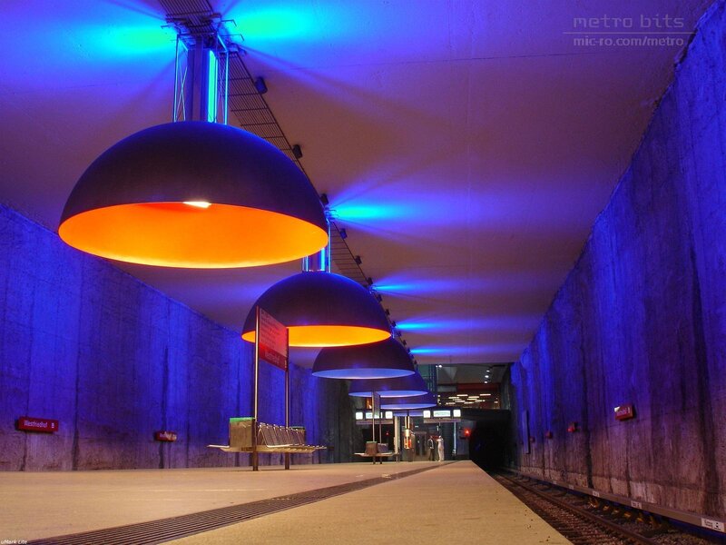Modern subway station with colorful lighting