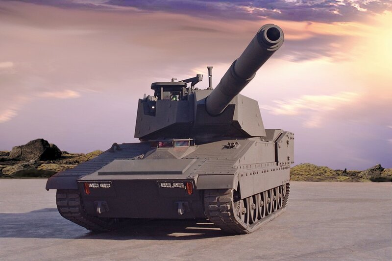 Modern tank in desert landscape