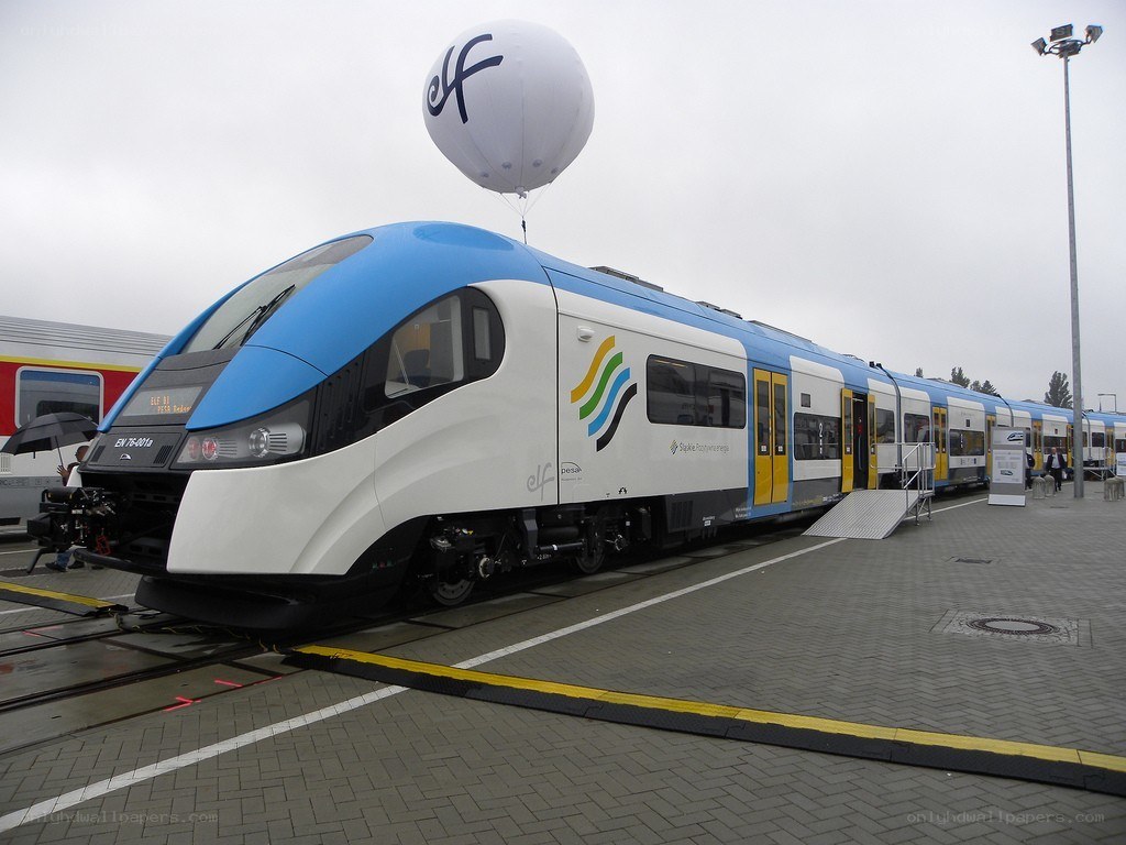 Modern train on display at station