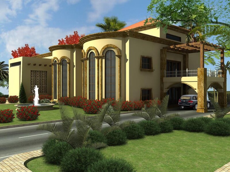 modern villa with fountain and garden