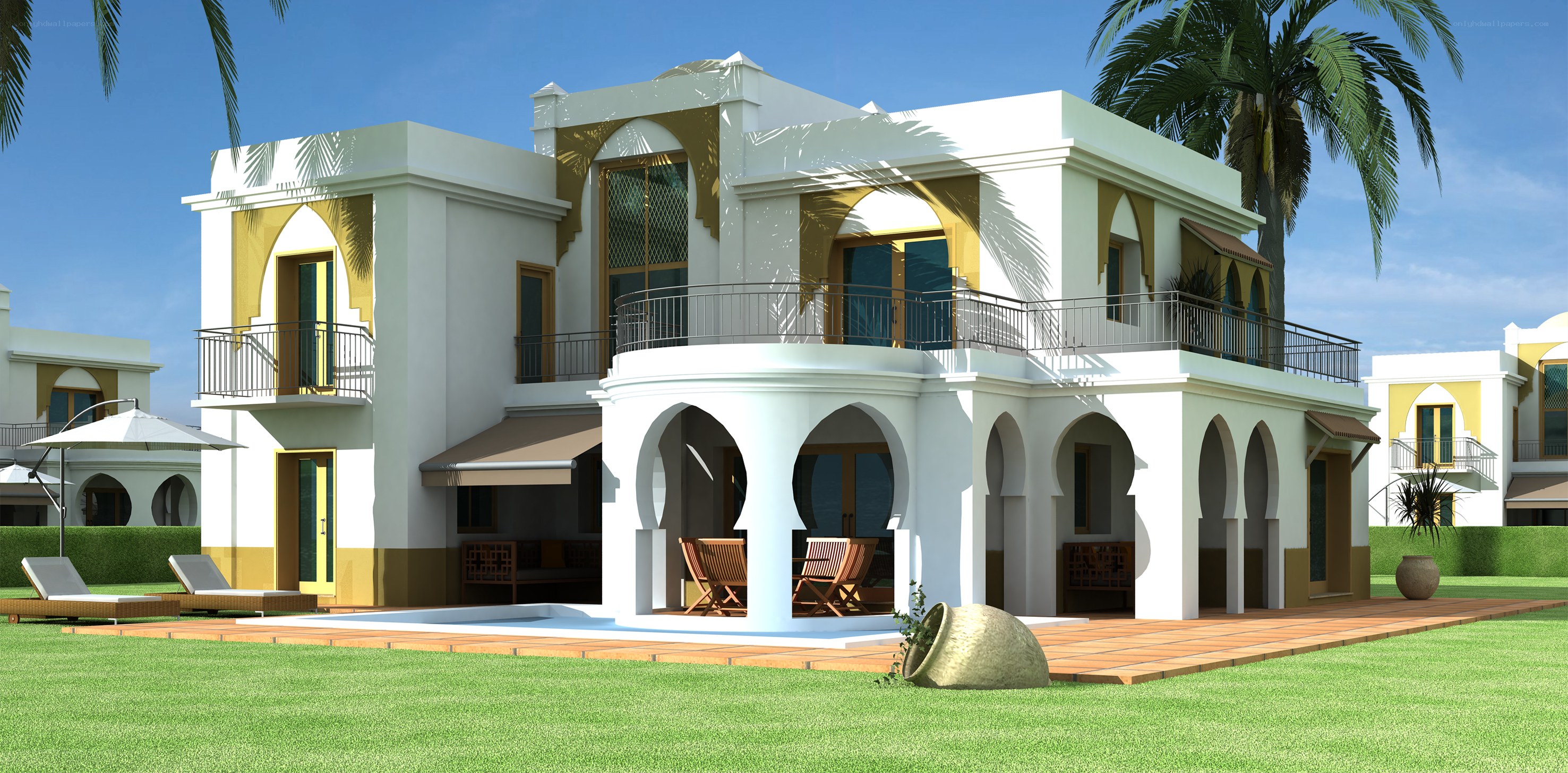 Modern villa with pool and palm trees