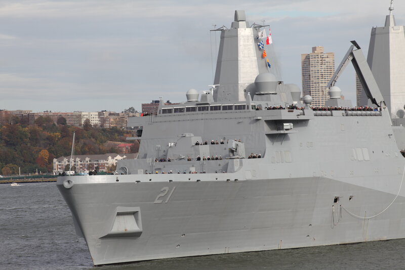 Modern warship in harbor