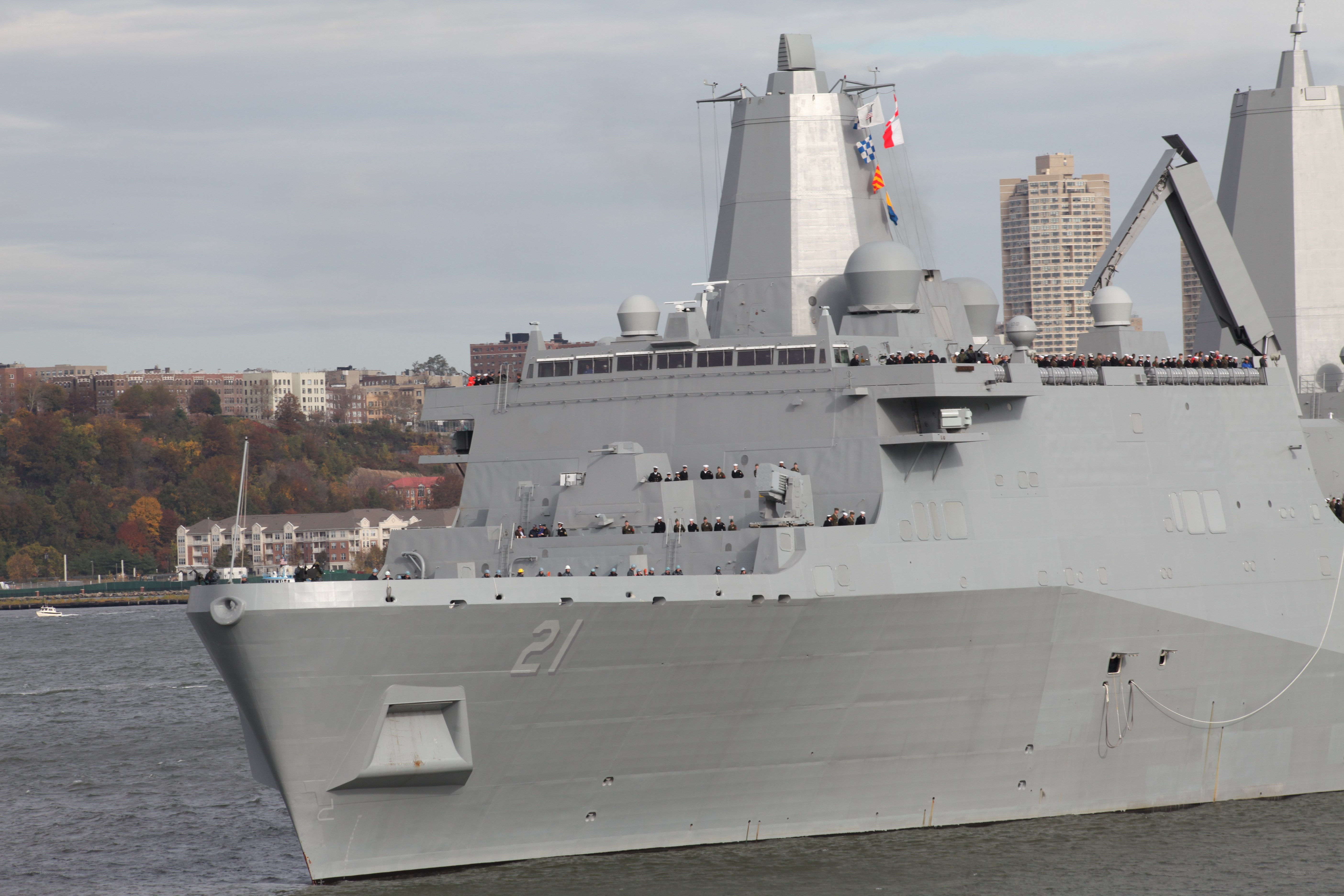 Modern warship in harbor