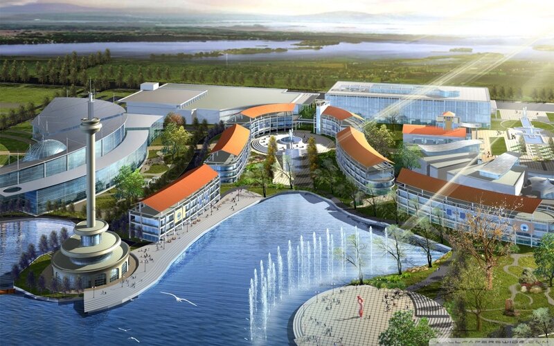 Modern waterfront architectural complex