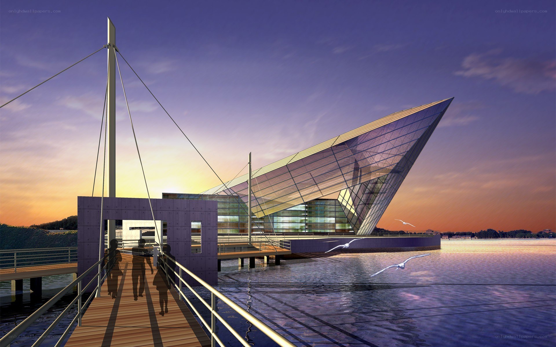 Modern waterfront architecture at dusk