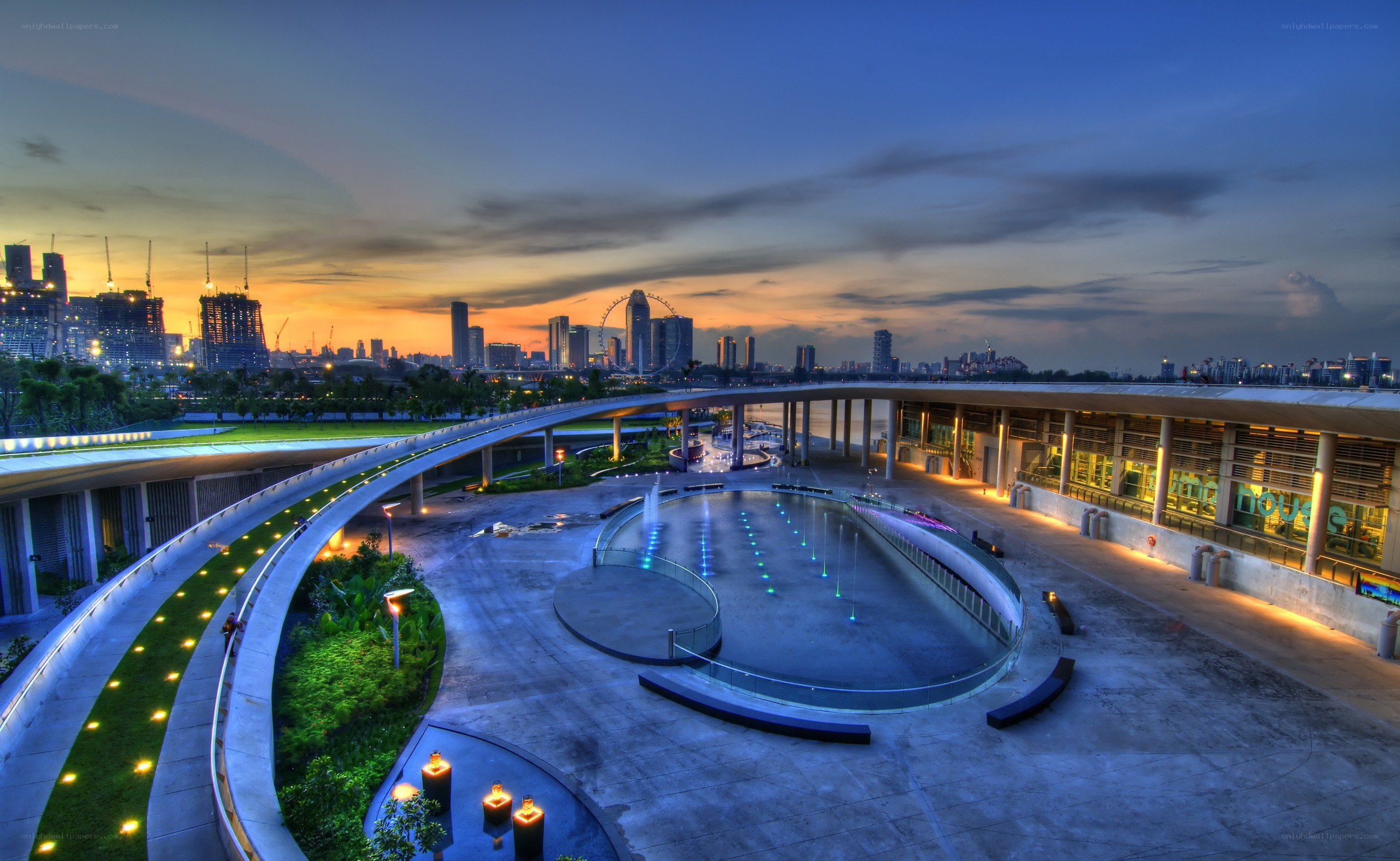 Modern waterfront at dusk