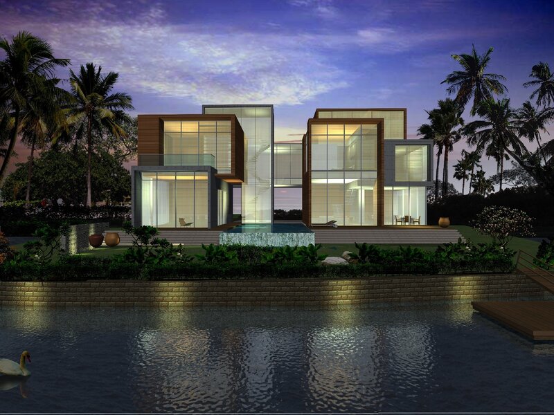 Modern waterfront house at dusk