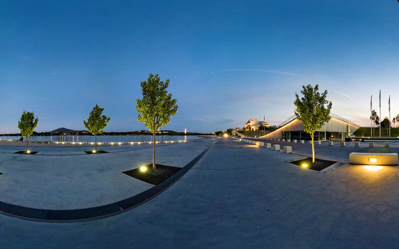 Modern waterfront promenade at dusk