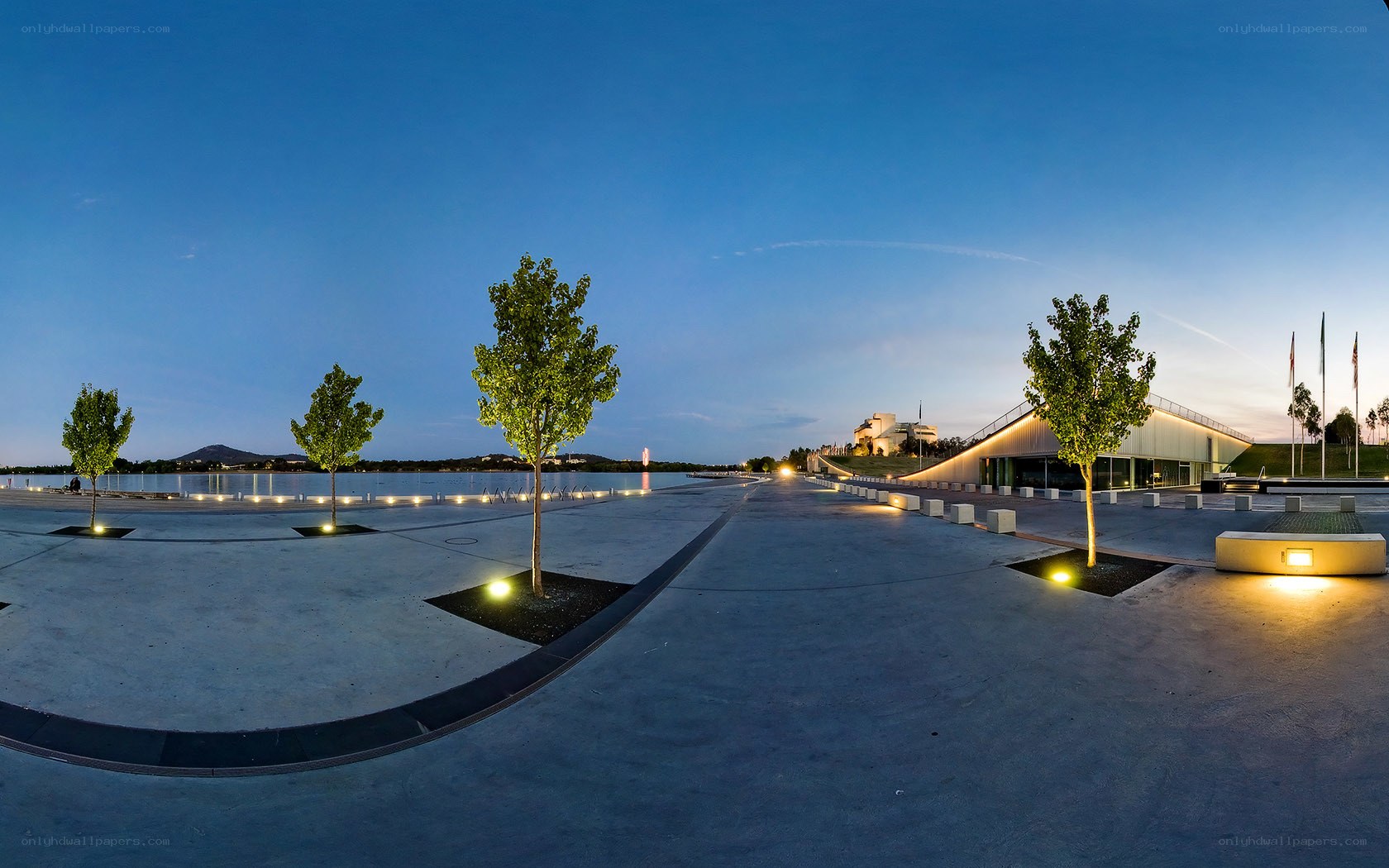 Modern waterfront promenade at dusk