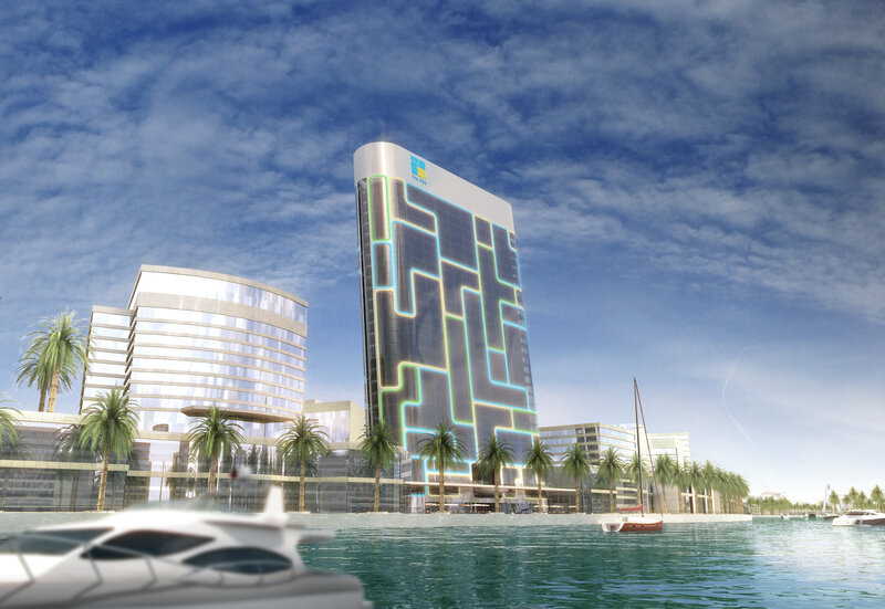 Modern waterfront skyscraper complex