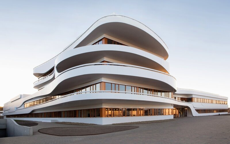Modern White Building — Serene, Sunset, Photograph