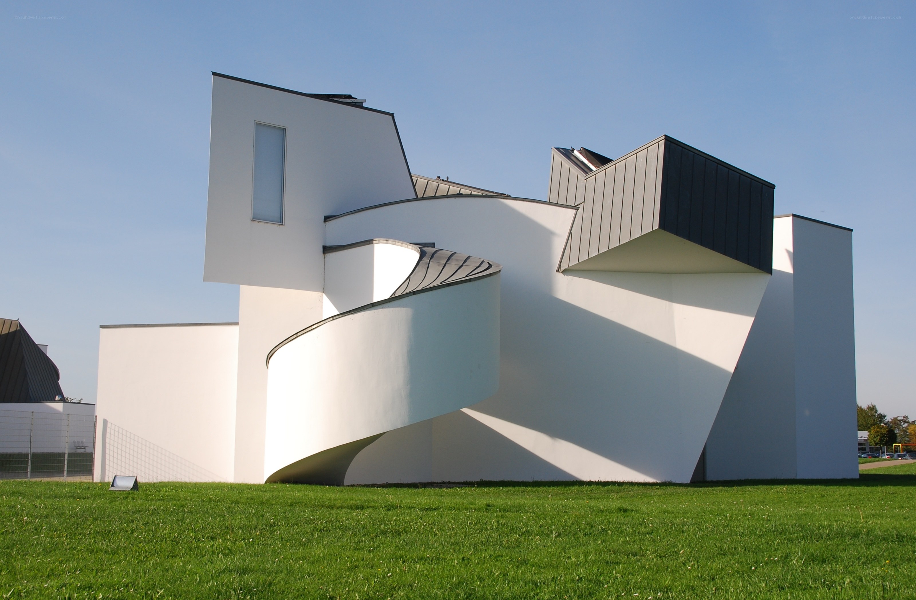 Modern white building with spiral staircase