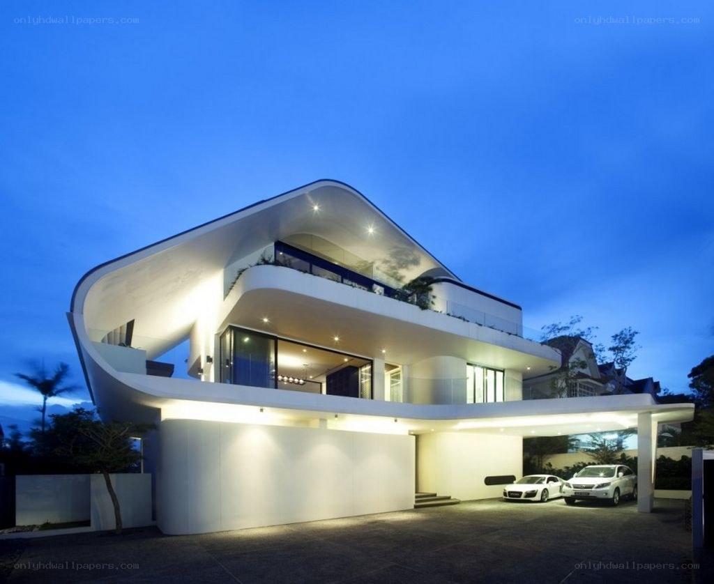 Modern white house at dusk