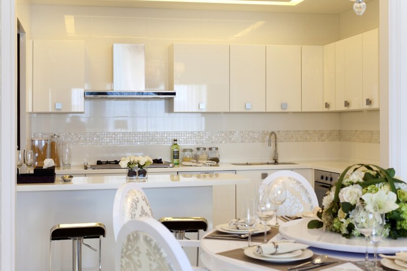 Modern white kitchen and dining area