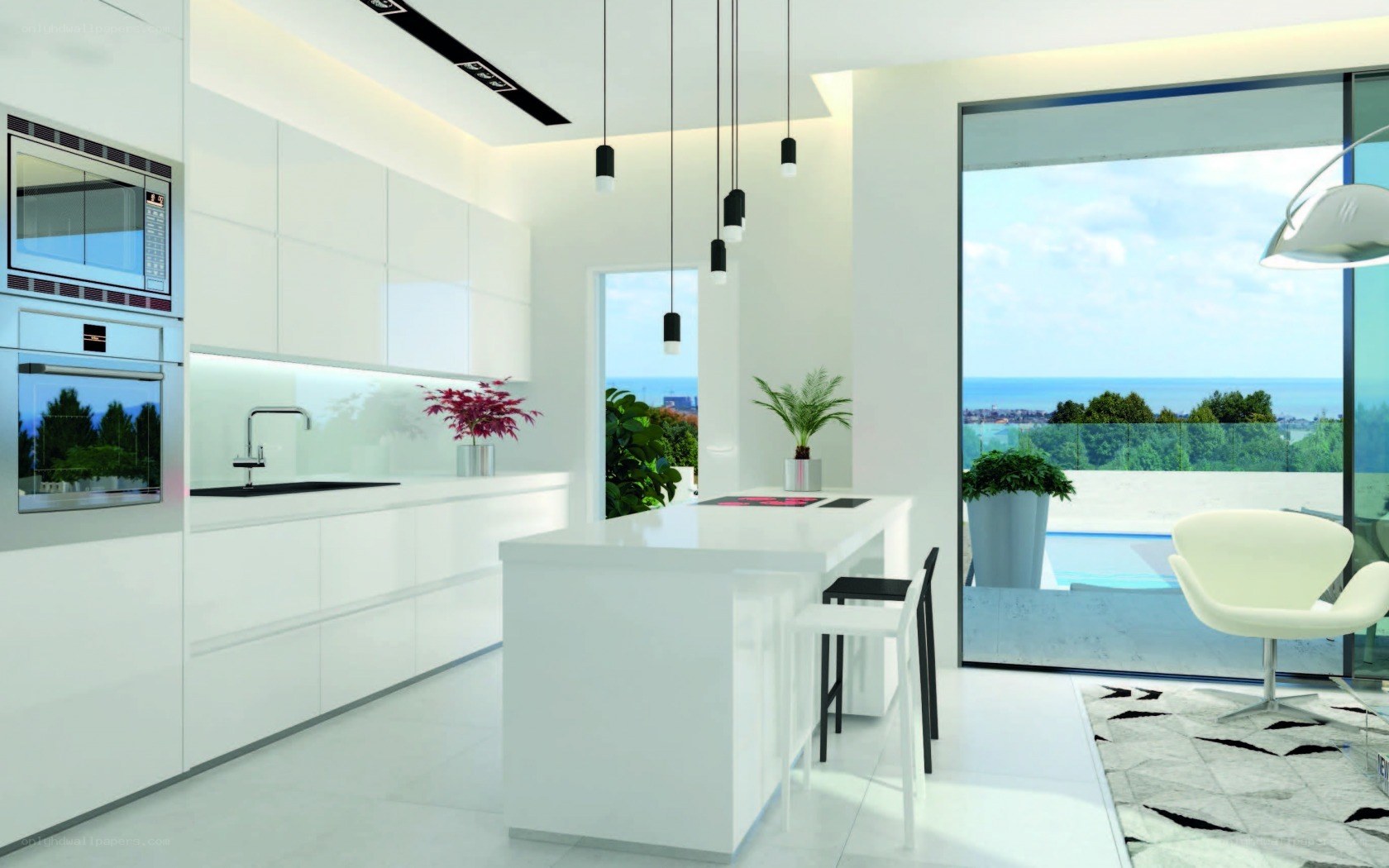 Modern white kitchen with ocean view