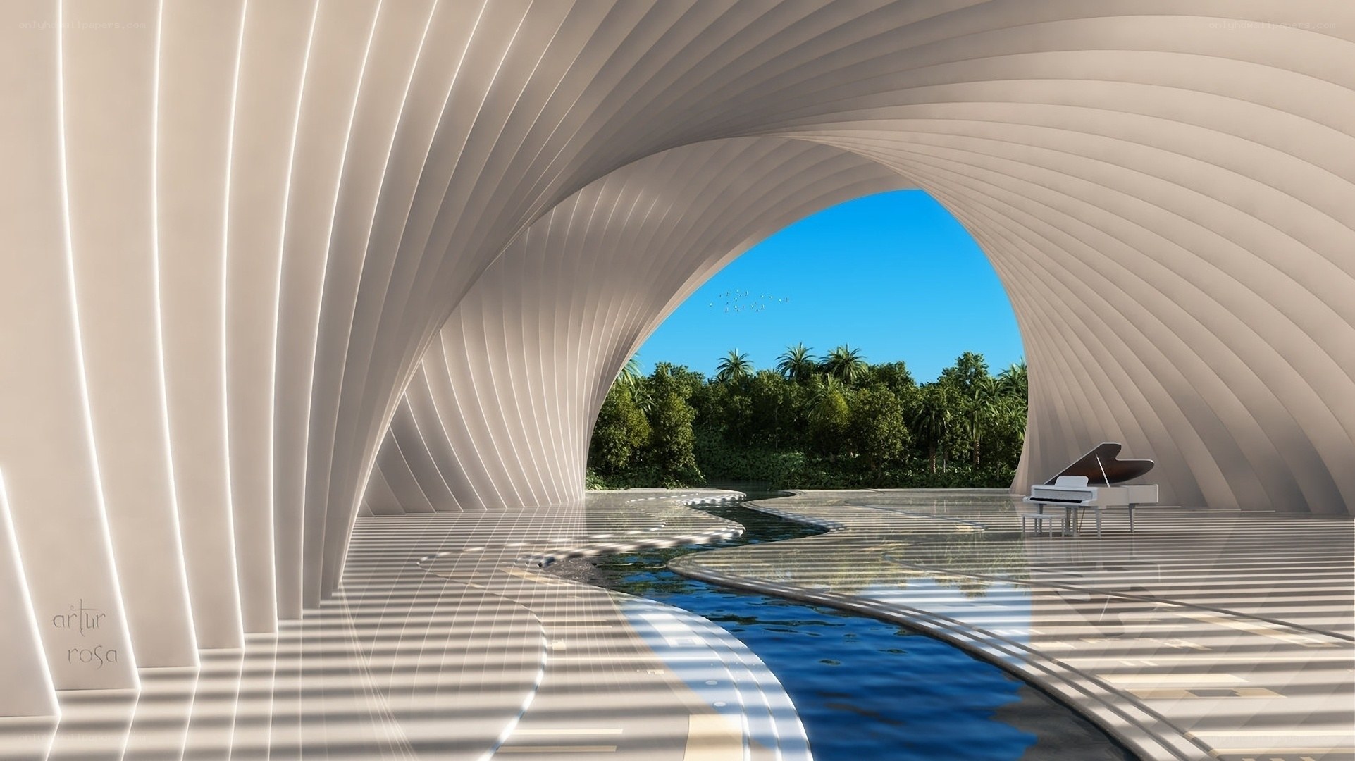 Modern white pavilion with piano