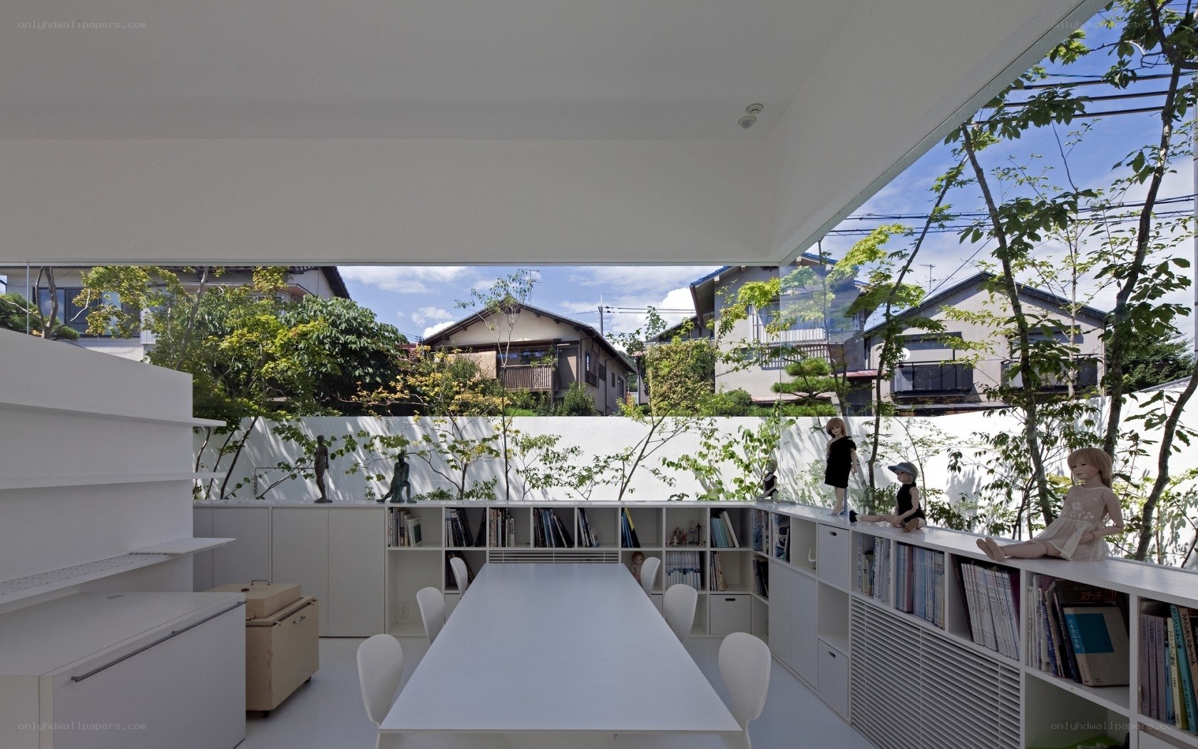 Modern white room with bookshelves