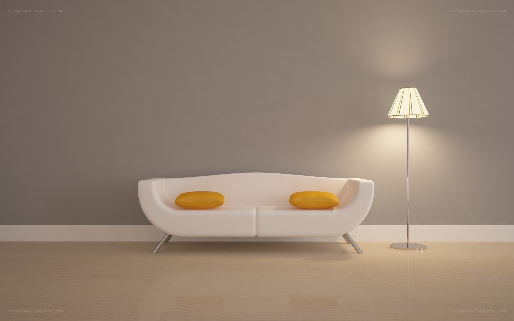 Modern white sofa with yellow pillows