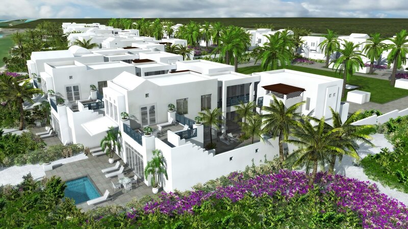 Modern white villas with pool and palm trees
