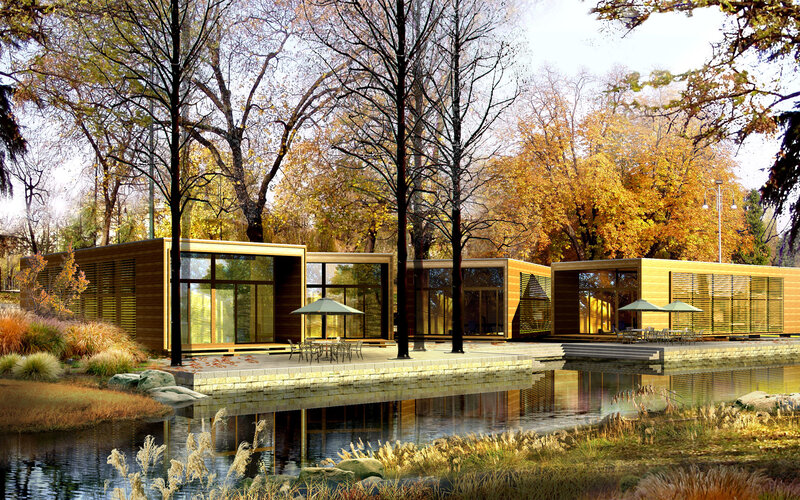 Modern wooden cabins by a pond
