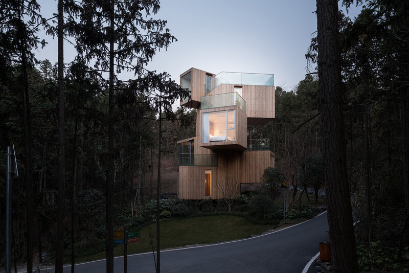 Modern Wooden House — Brown, Serene, Sunset, Photograph, Forest, Road