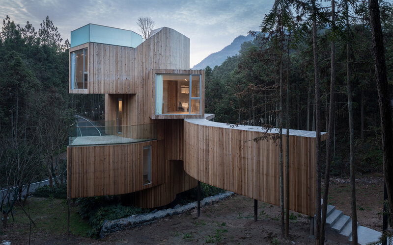 Modern Wooden House — Brown, Serene, Sunset, Photograph, Forest