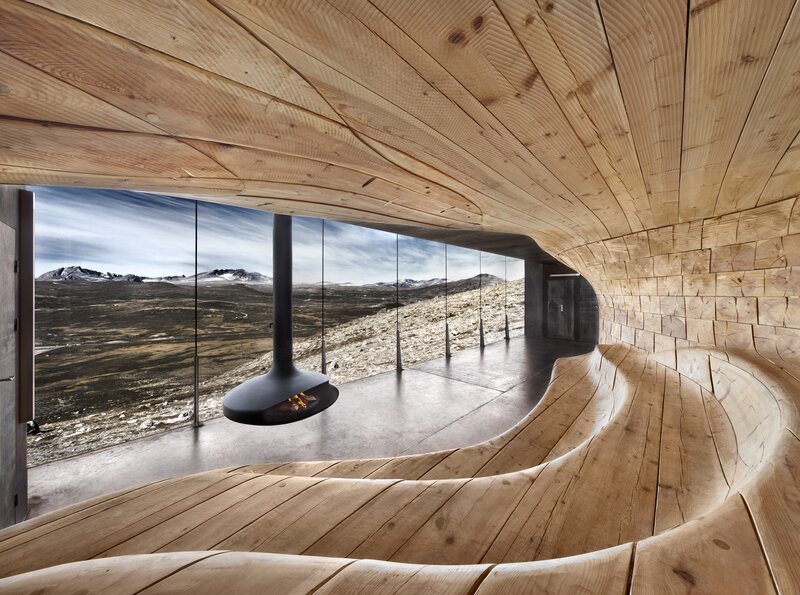 Modern wooden interior with mountain view