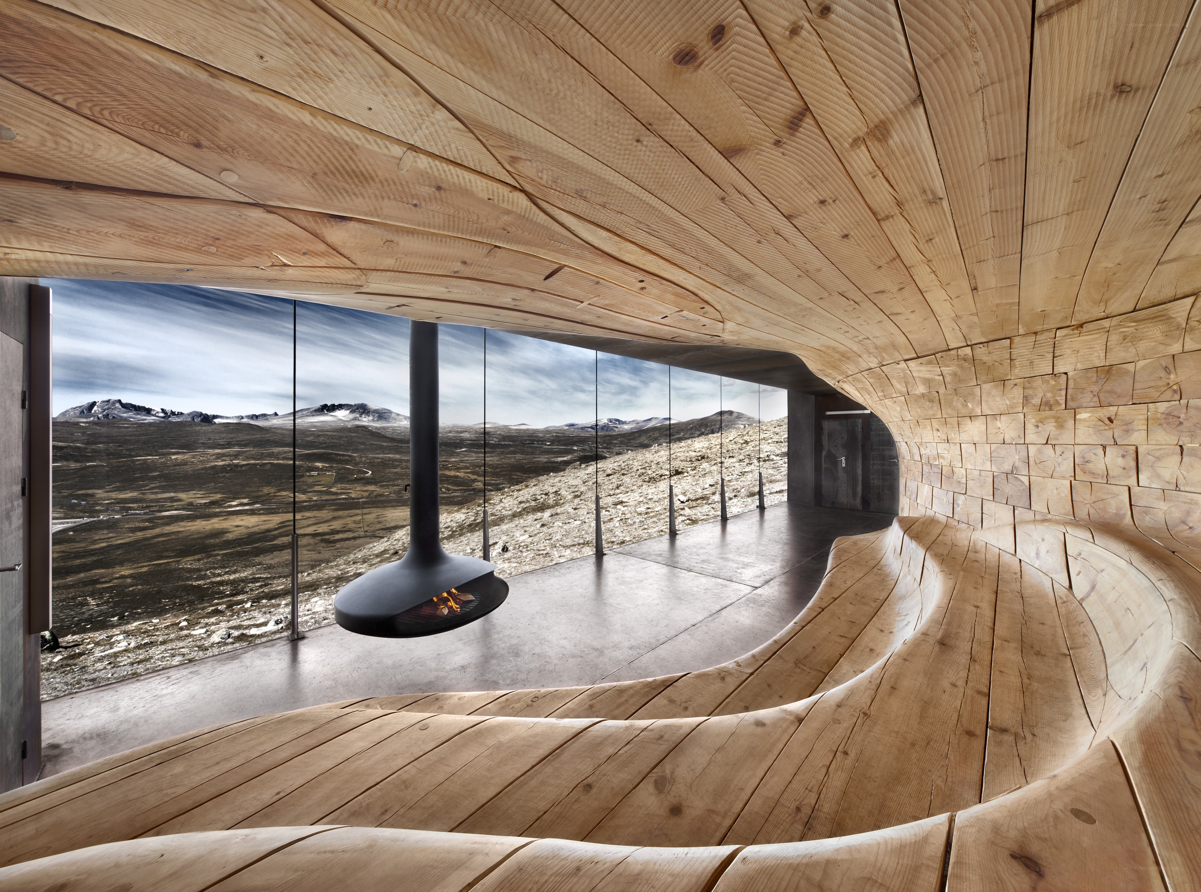Modern wooden interior with mountain view
