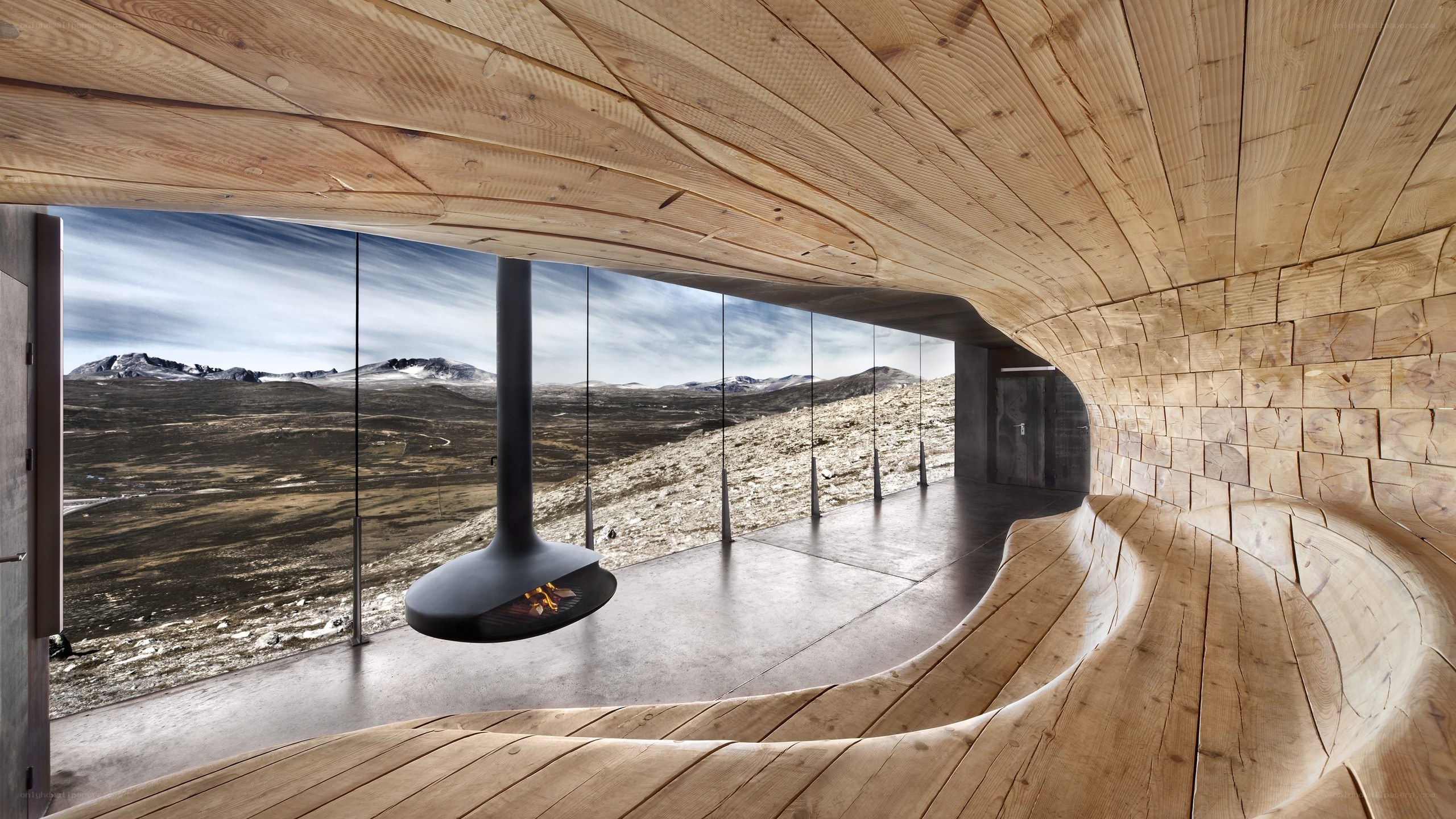 Modern wooden interior with mountain view