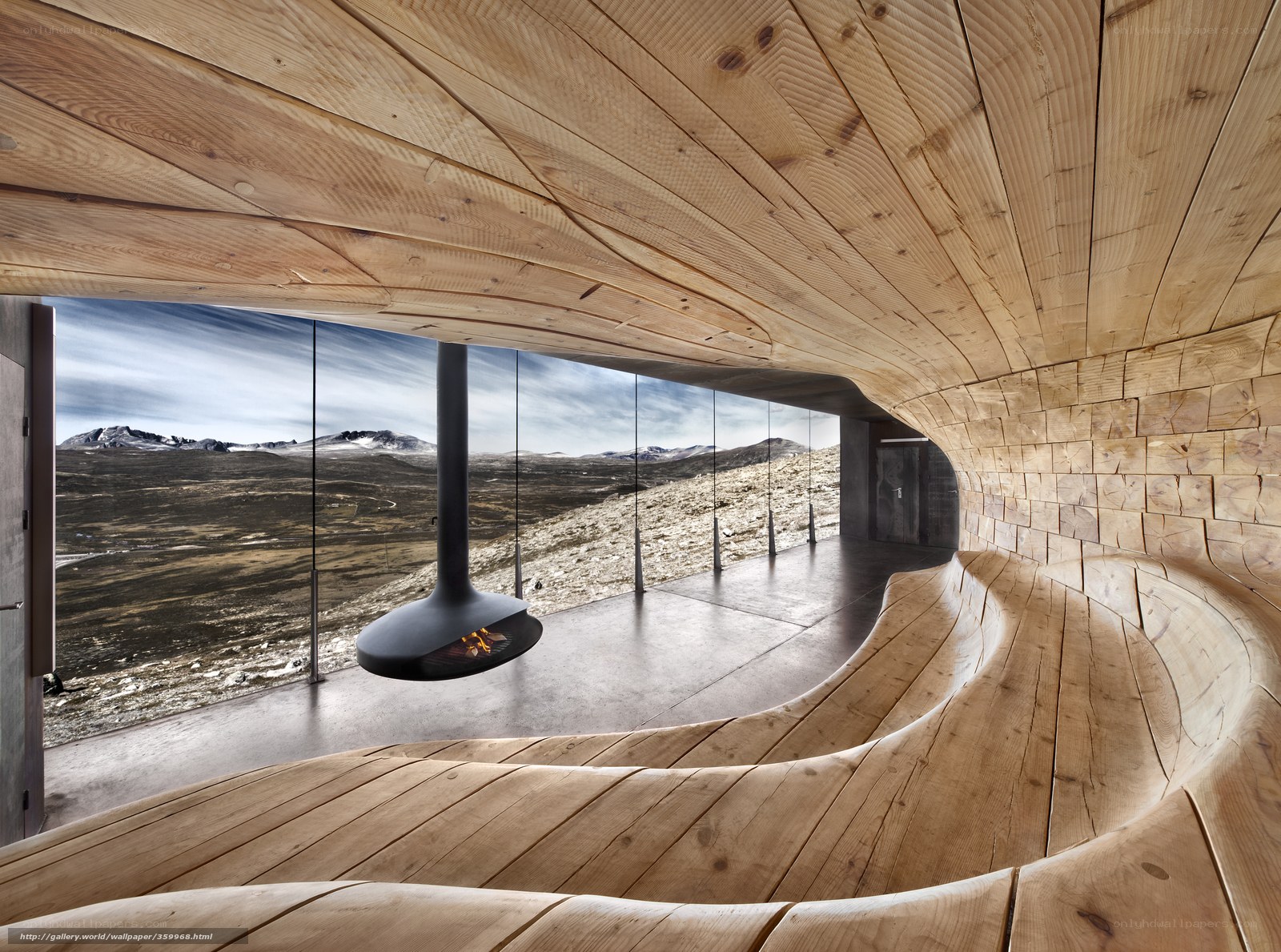 Modern wooden lounge with mountain view