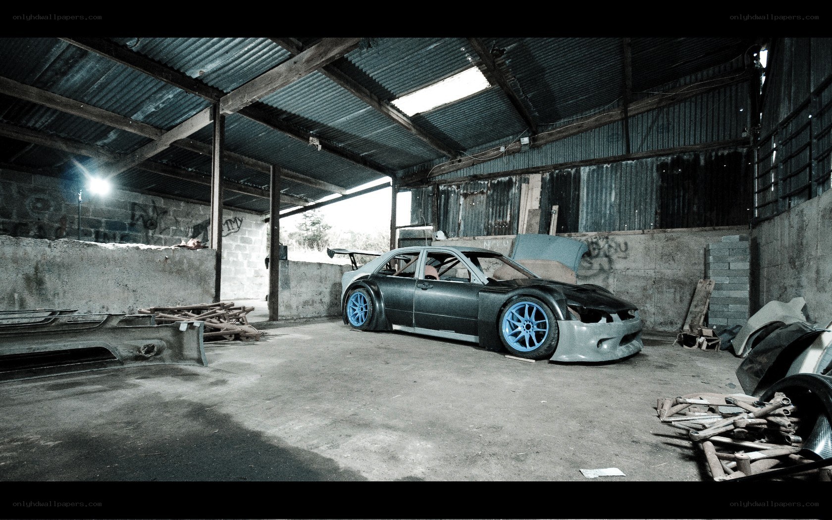 Modified car in a garage