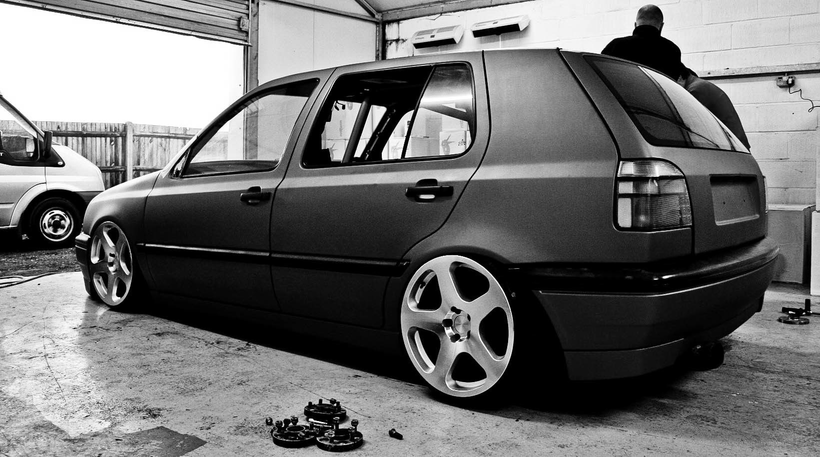 Modified car in garage