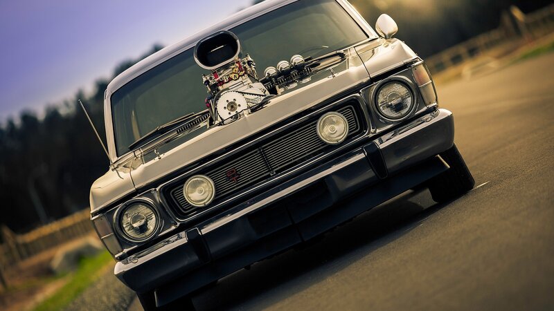 Modified Classic Car — Silver, Dramatic, Sunset, Photograph, Engine